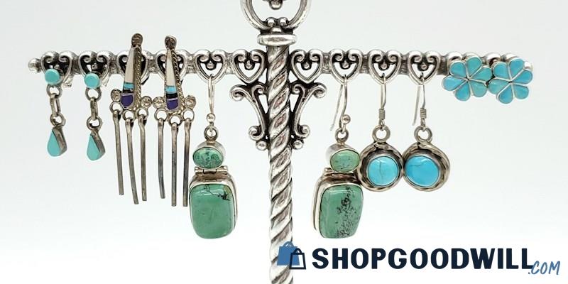 .925 Turquoise Southwest Style Earrings (5 Pairs) 18.89 Grams