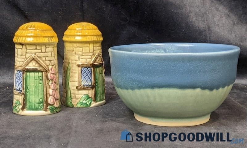 3pcs SylvaC Ceramics Croft Cottage S&P Shakers + Green Blue Key Bowl Home Decor