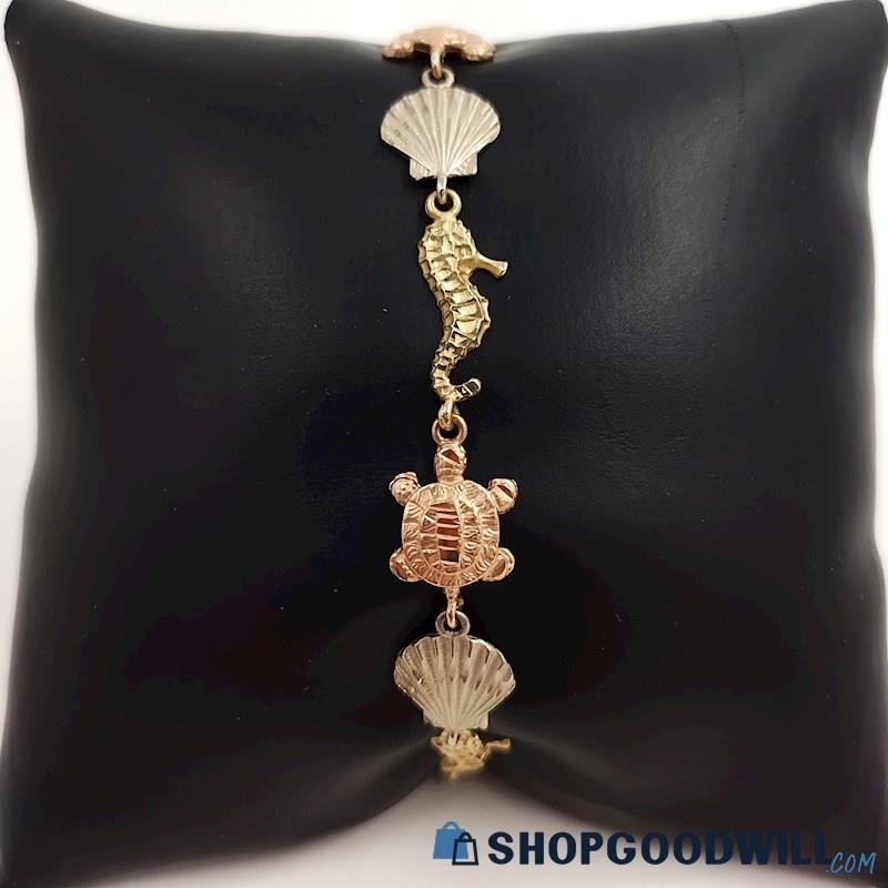 14K Tri-Color Gold Turtle, Seahorse & Shell Link Bracelet 8.37 Grams