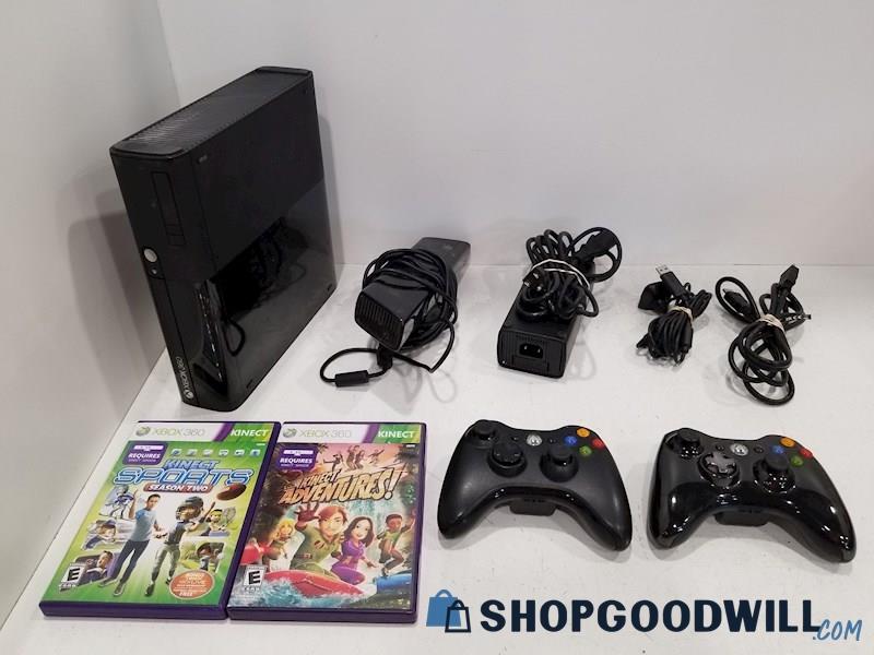 XBOX 360 E Console w/ Games, Cords & Controllers - TESTED