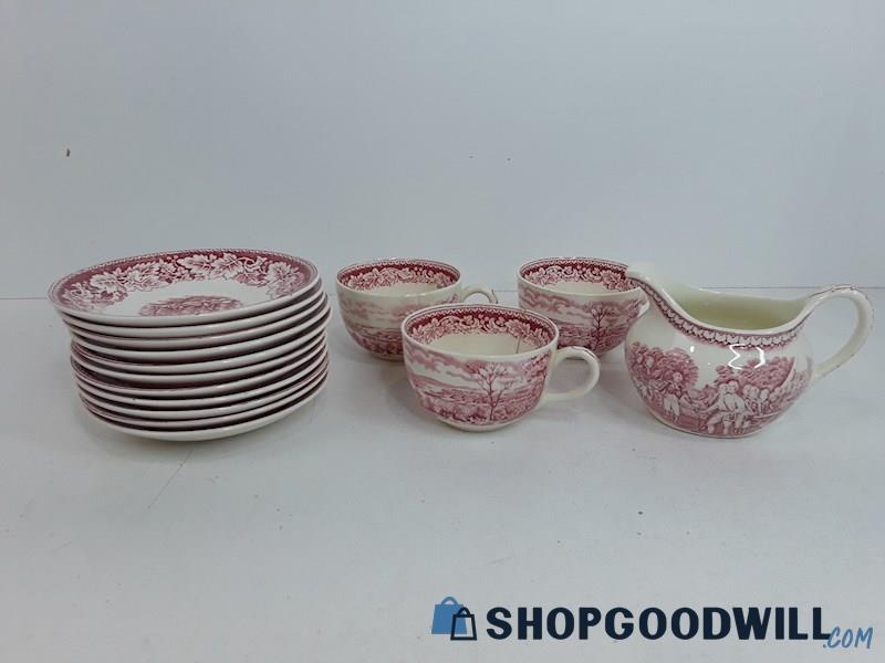 Homer Laughlin Currier & Ives Red & White 15pc Cups & Creamer + More