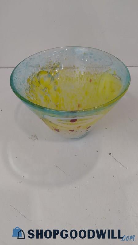 Art Glass Bowl Hand Blown Blue, Yellow & Red
