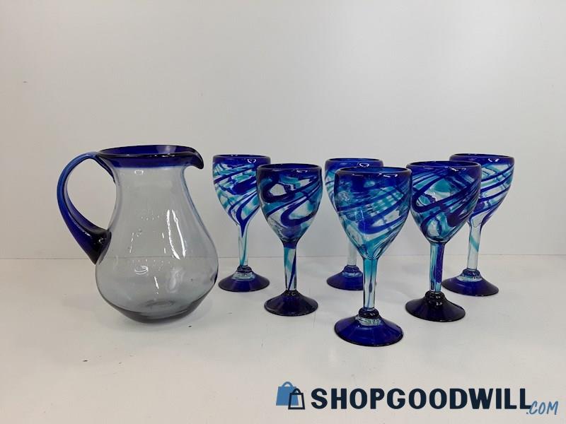 Hand Blown Blue Swirl Glass Pitcher & Cups Set