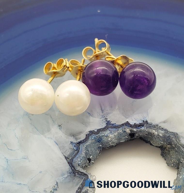 14K Yellow Gold Cultured Pearl & Amethyst Stud Earrings 1.73 grams