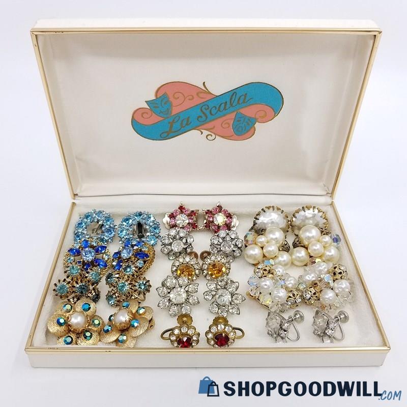 Vintage Clip-On Earrings (13 pairs) with Jewelry Box 