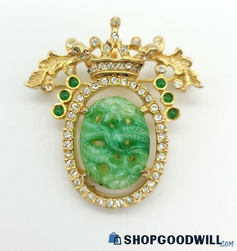 Vintage DeNicola Gold-Tone Rhinestone & Green Glass Crown Brooch