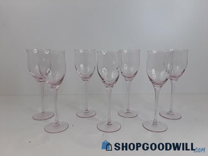 Lot Of 7pc Pink Glass Wine Glasses 