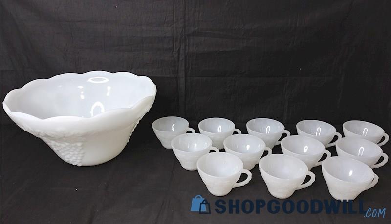 13pc Anchor Hocking Milk Glass Punch Bowl & Cups Grapes Design