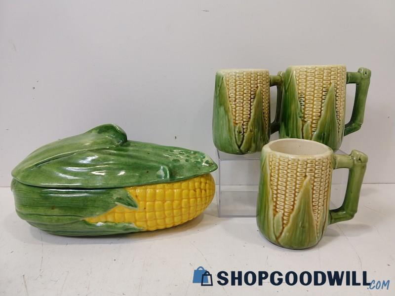 4pc Ceramic Corn Cups Lidded Dish Dinnerware Green/Yellow Appears McCoy/Shawnee 