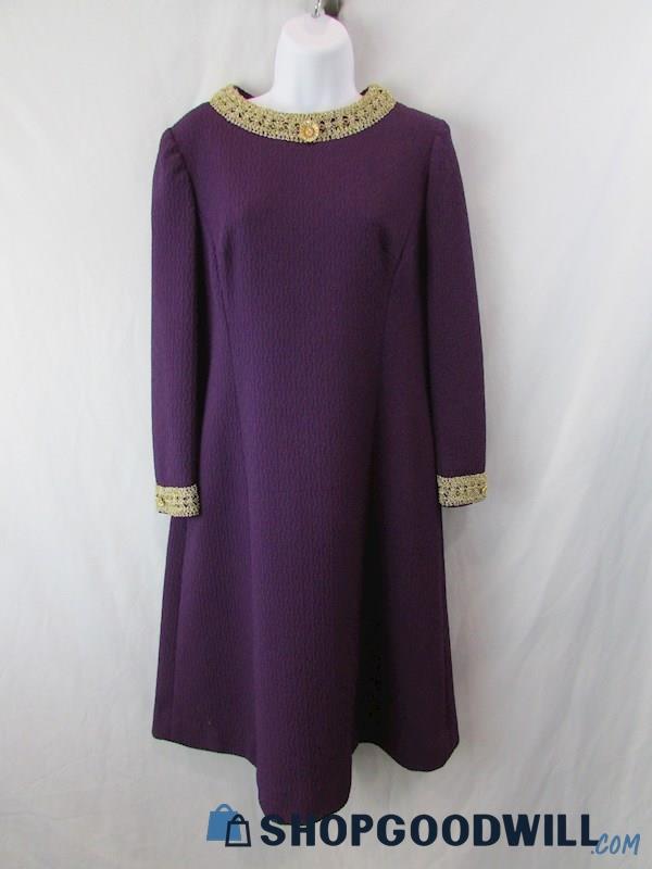 Custom Made Purple/Gold Sheath 3/4 Sleeve Embroidered Cuffs Dress Custom Size 