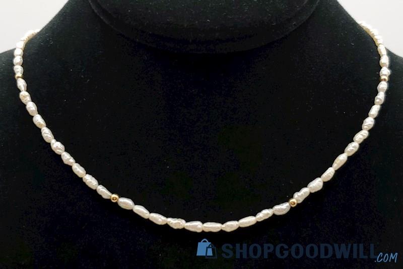 14K Yellow Gold Clasp Seed Bead Pearl Necklace