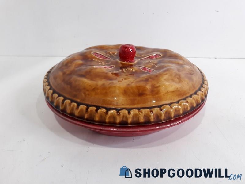 Appears Handmade Cherry Pie Ceramic Baking Dish / Serving Plate W Lid