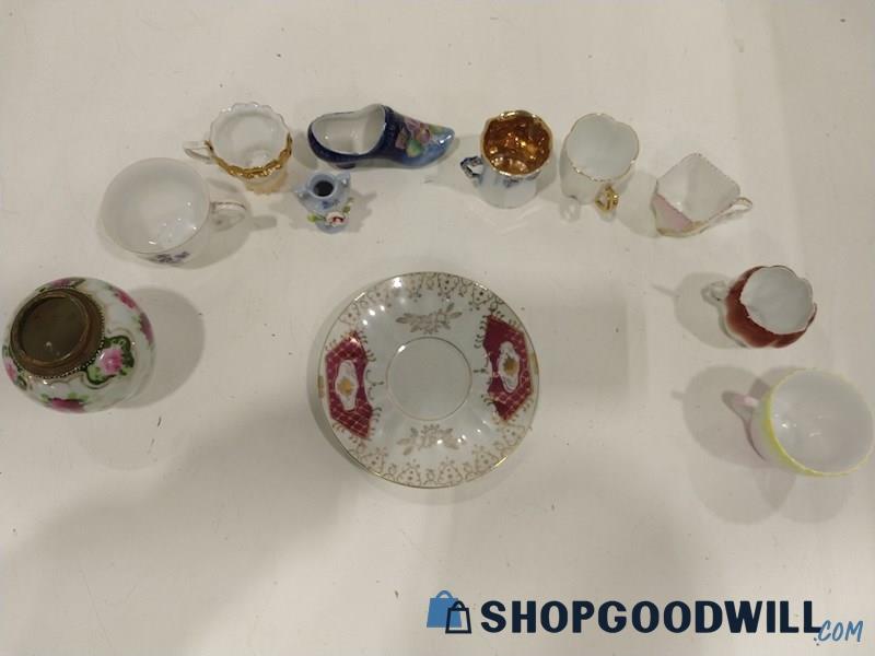 11pc Tea Cup Saucer Plate Rose Pattern Vase Ceramic Hand Painted Shoe
