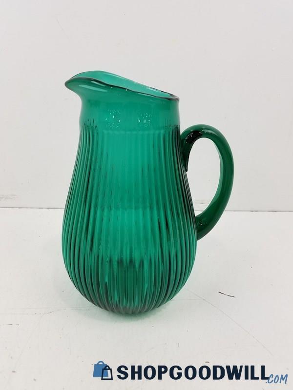 Antique Ribbed Green Glass Pitcher 9.25 