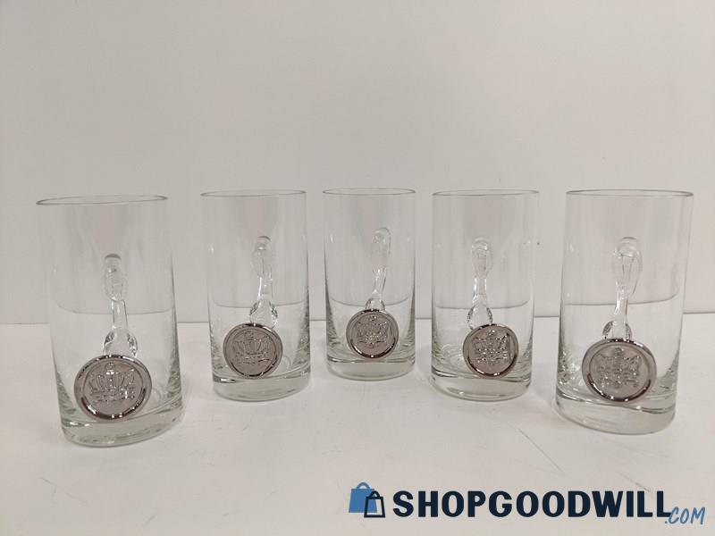 Set Of 5 Clear Glass Silver Circle Crown Logo Beer Mug Glasses