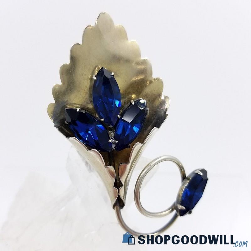 .925 Vintage Navette Cut Blue Glass Floral Brooch 13.45 Grams