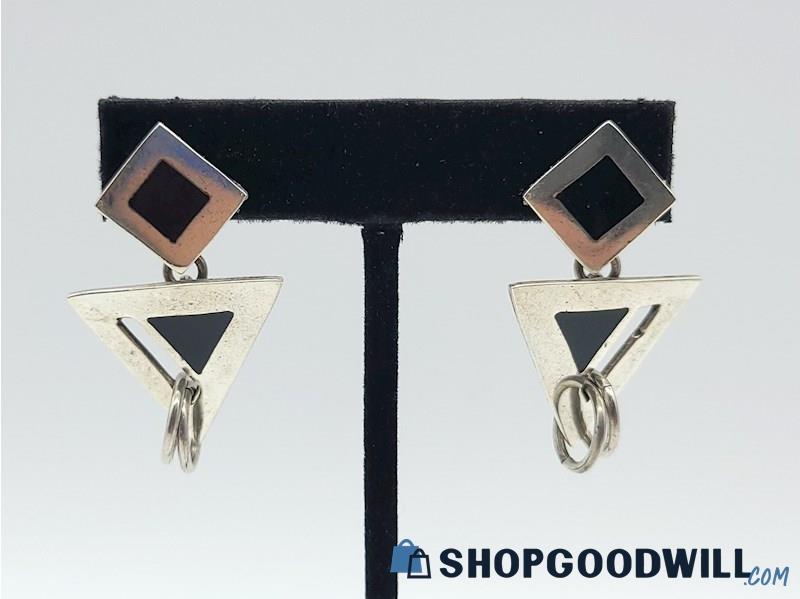 .925 Vintage Black Onyx Triangle Dangle Earrings 12.10grams