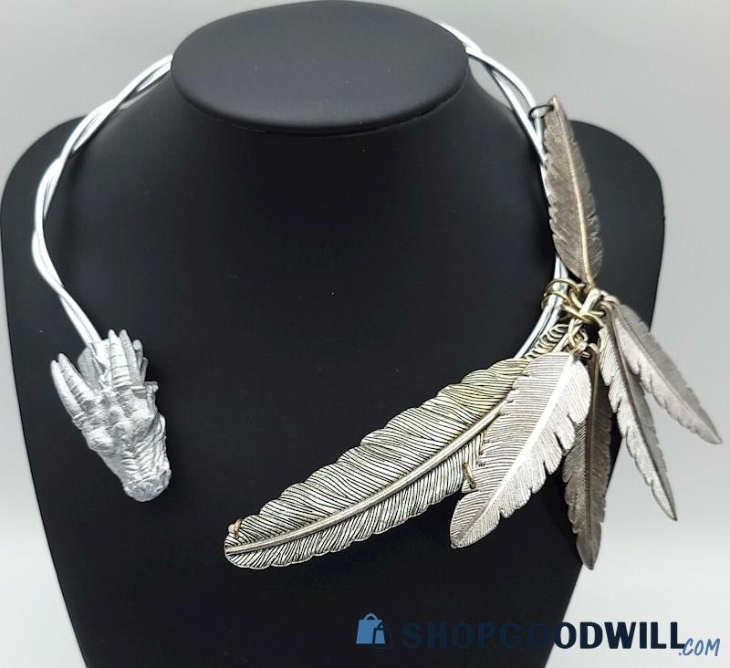 Unique Artisan Dragon & Feathers Collar Necklace 
