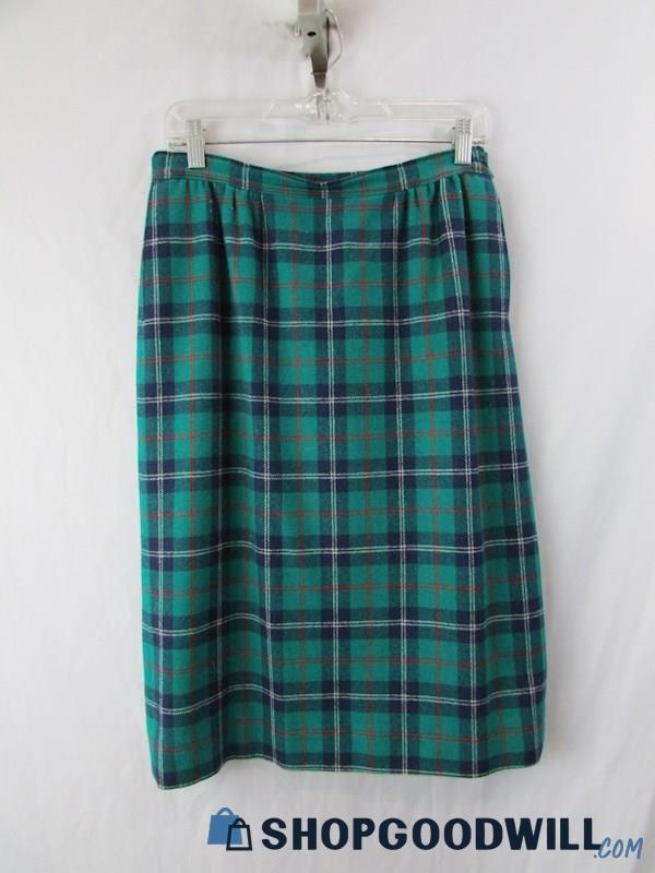 Pendleton Women's Teal Green/Navy Plaid Wool Straight Skirt SZ 12P
