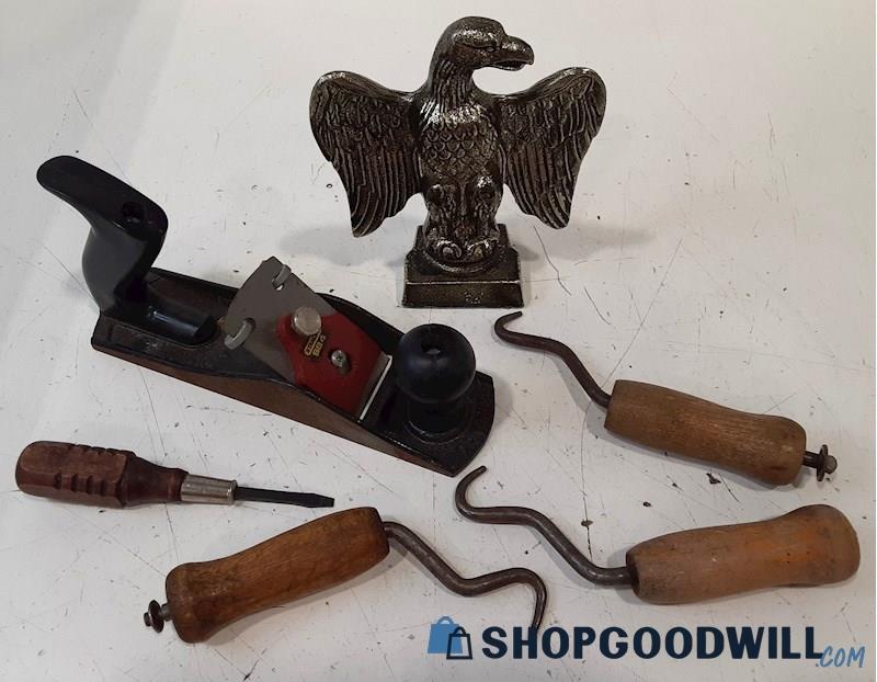 Vintage hand tools and heavy door stop Eagle Stanley Plane