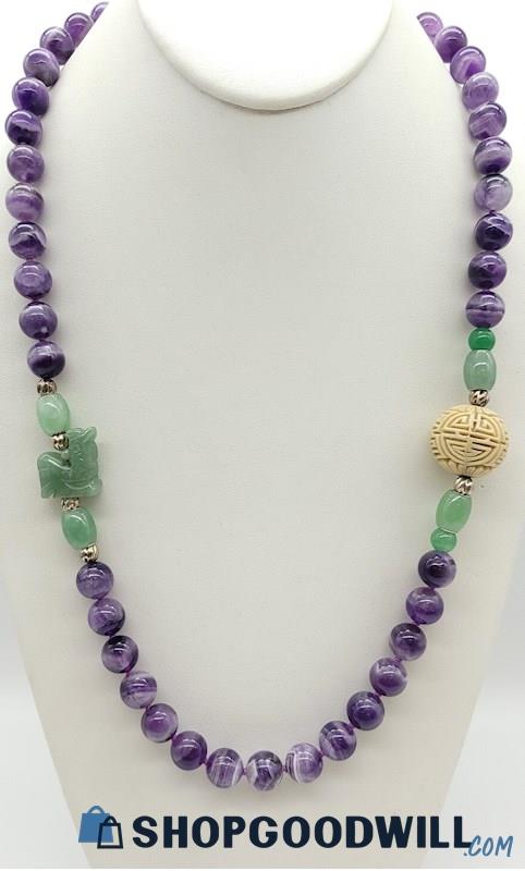 Amethyst & Aventurine Knotted Beaded Necklace 124.09grams
