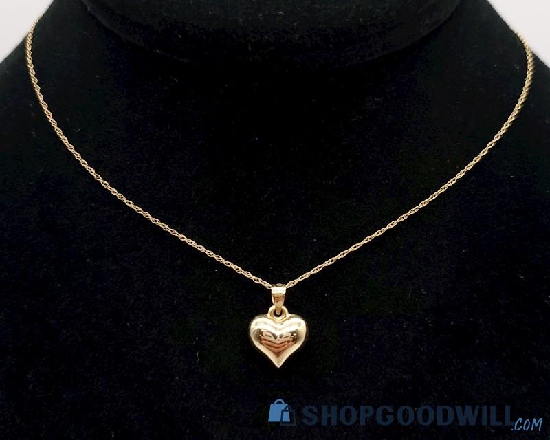 14K Yellow Gold Puffed Heart Necklace 1.26 Grams