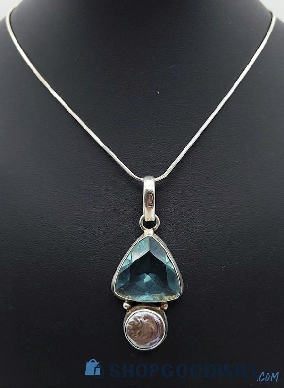 .925 Blue Topaz & Abalone Necklace w/ Long Chain 14.75grams