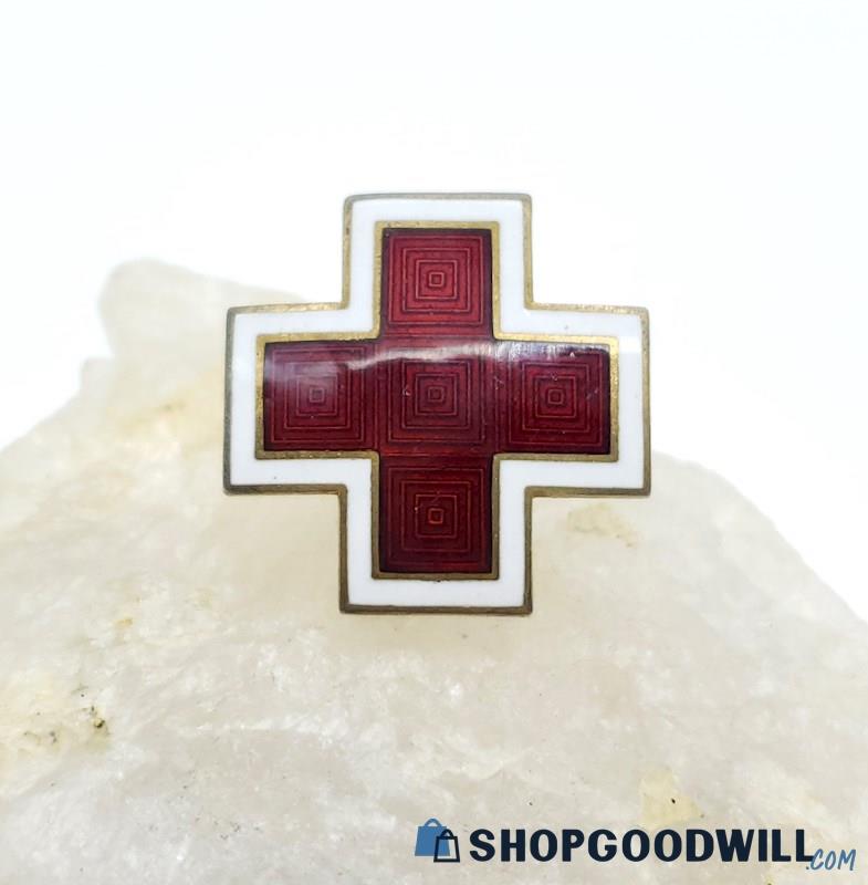.925 & Vermeil Vintage Guilloche Red Cross Pin 5.48 grams