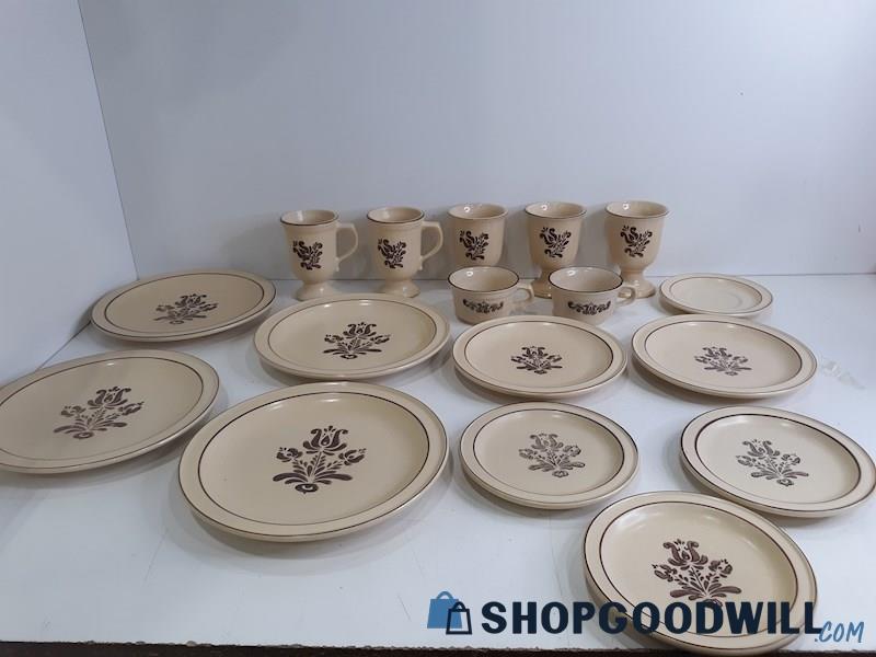 Pfaltzgraff Village Dinnerware Set Tan Brown Flower Plates, Cups, Soup Mugs,