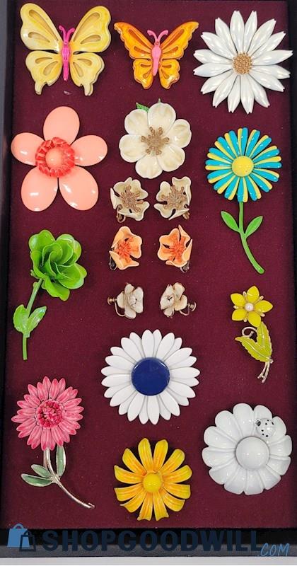 Vintage Enamel Flowers & Butterflies Brooches & Clip-on Earrings 