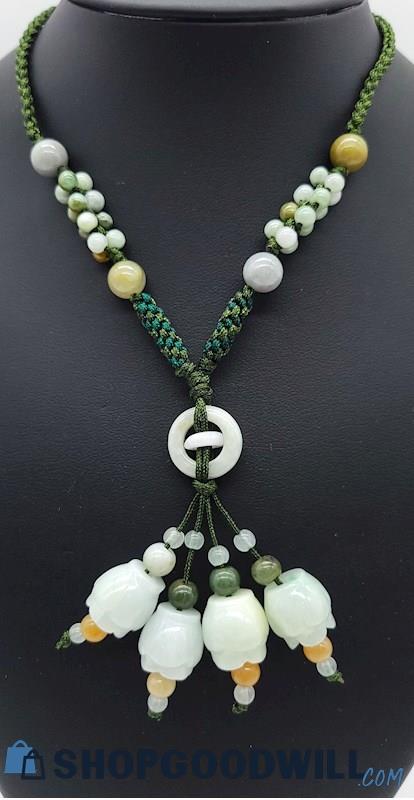 Carved Jade Flowers on Adjustable Green Cord Necklace 