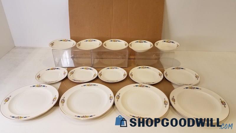 14pc Sebring Ivory Porcelain Pink/Yellow/Blue Floral 22K Gold Plates Bowls+