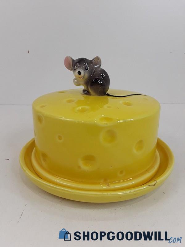 Vintage Ceramic Mouse On Cheese Covered Dish 