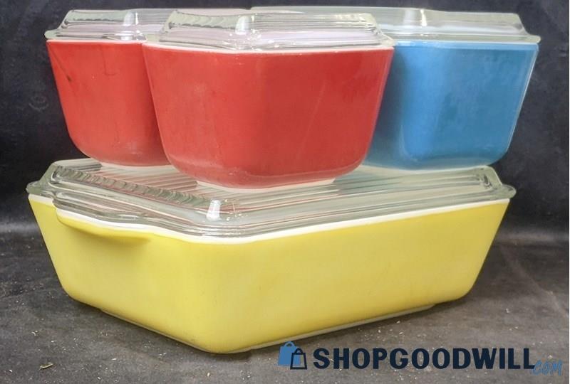 8pcs PYREX Primary Colors Refrigerator Dishes Complete Set W/ Lids