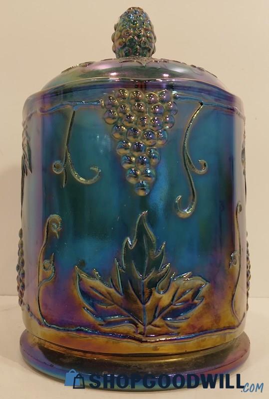 Vintage Octagonal Iridescent Blue Carnival Indiana Glass Covered Candy Jar 
