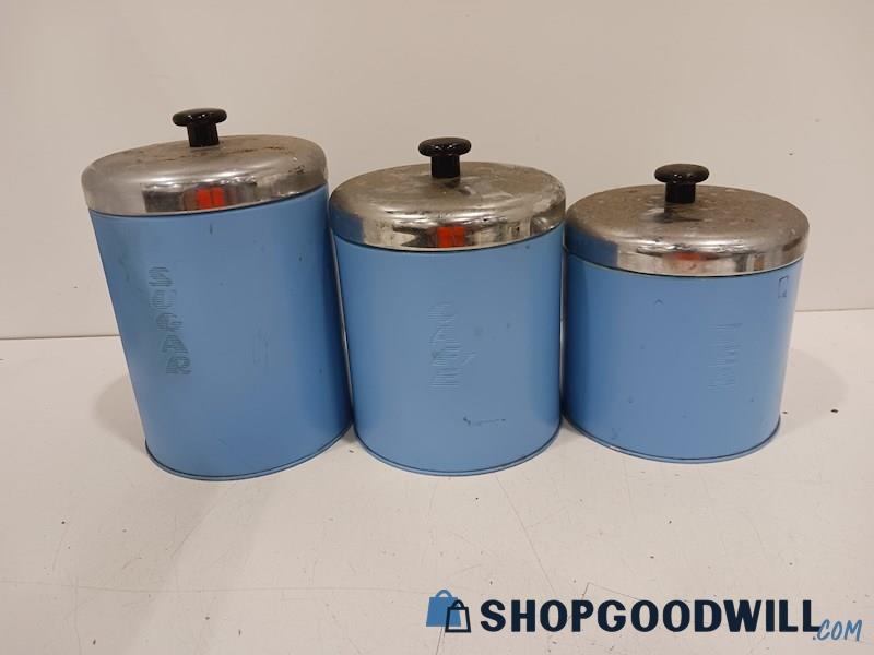 Set Of 3 Pantry Queen Sugar Cafe Tea Metal Containers Blue