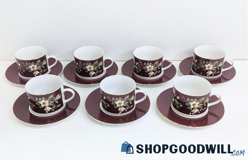 14pc Sakura Splendor Burgundy Holiday Tea Cups + Saucer Plates