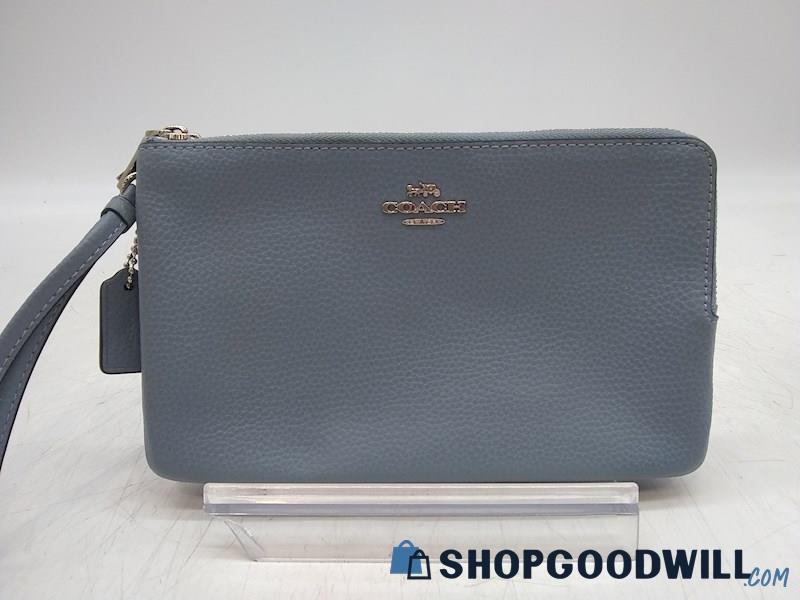 Coach Blue Grey Pebbled Leather Double Zip Wristlet Handbag Purse 