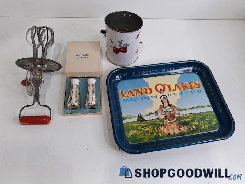 Vintage Kitchen Tools W/Land O' Lakes Metal Tray 