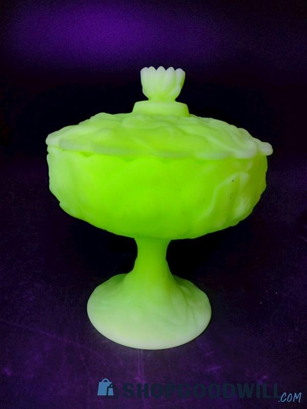 Vintage Uranium Water Lily Fenton Footed Candy Dish W/ Lid Green Mint
