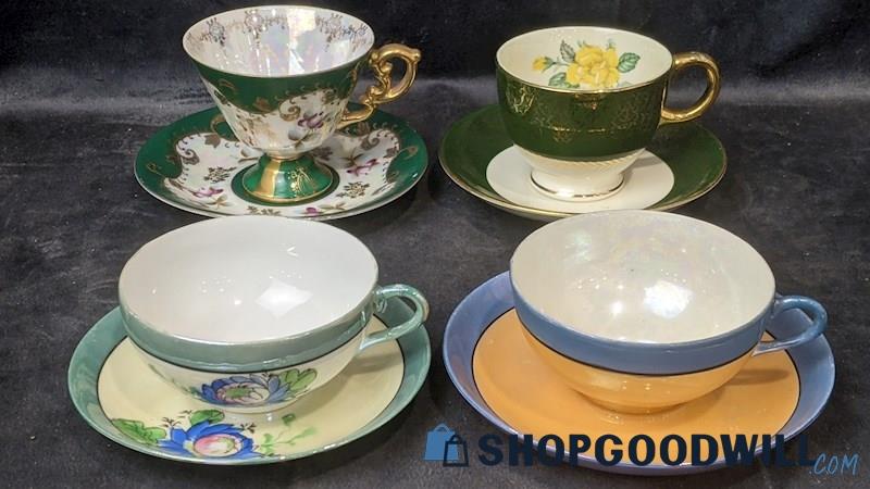 8pcs Collector Teacups & Saucers Green Floral Royal Sealy China Lusterware