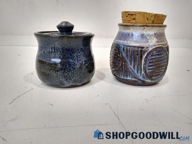 2 PC Pottery Lidded Sugar Bowl & Vase With Cork 