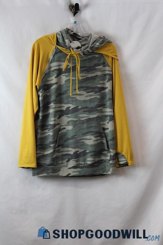 NWT Olive Moon Women's Green Camouflaged /yellow Tie Neck Hoodie SZ M