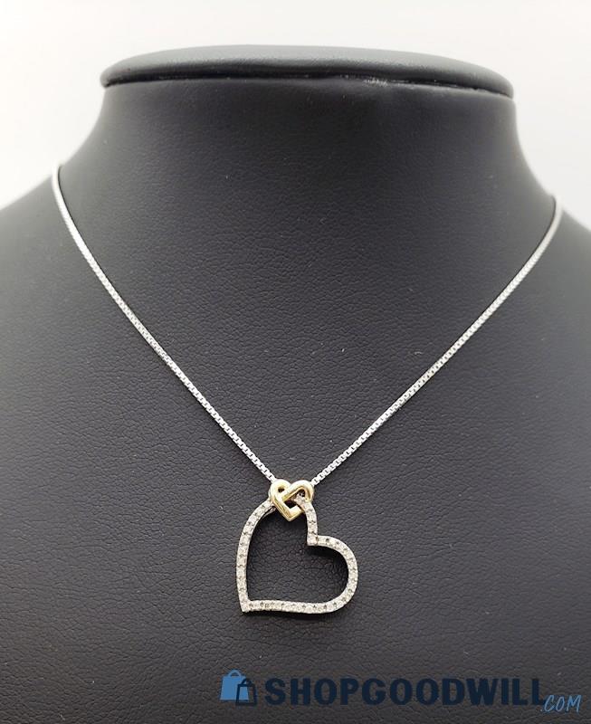 .925 & 14K Yellow Gold Diamond Pave Heart Necklace 3.23 grams