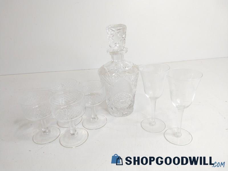 7pc Vintage Crystal Cut Glass Liquor Wine Decanter W/ Stopper & Wine Glasses