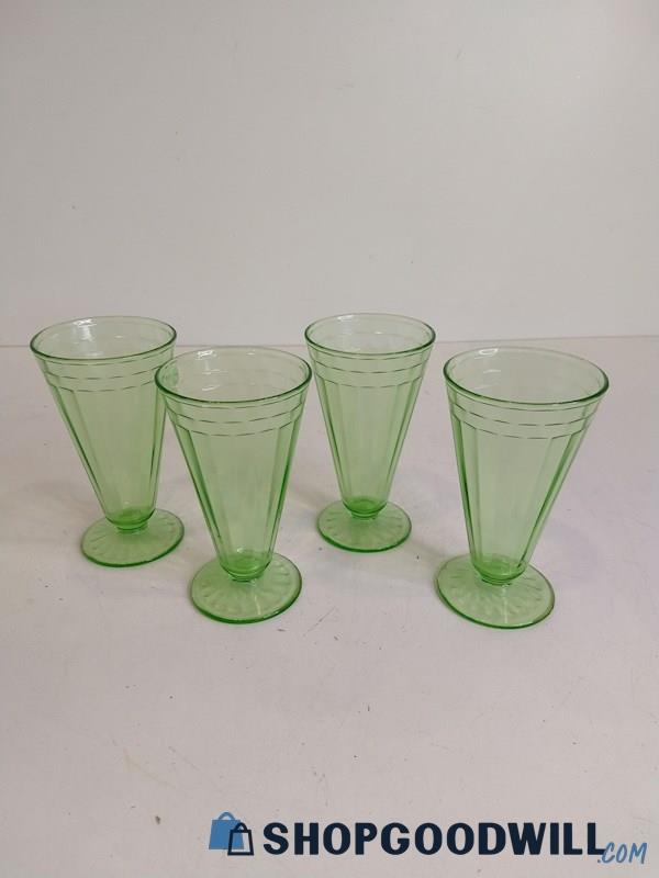Appears To Be 4pc Vintage Green Vaseline/Uranium Ribbed Juice Glasses