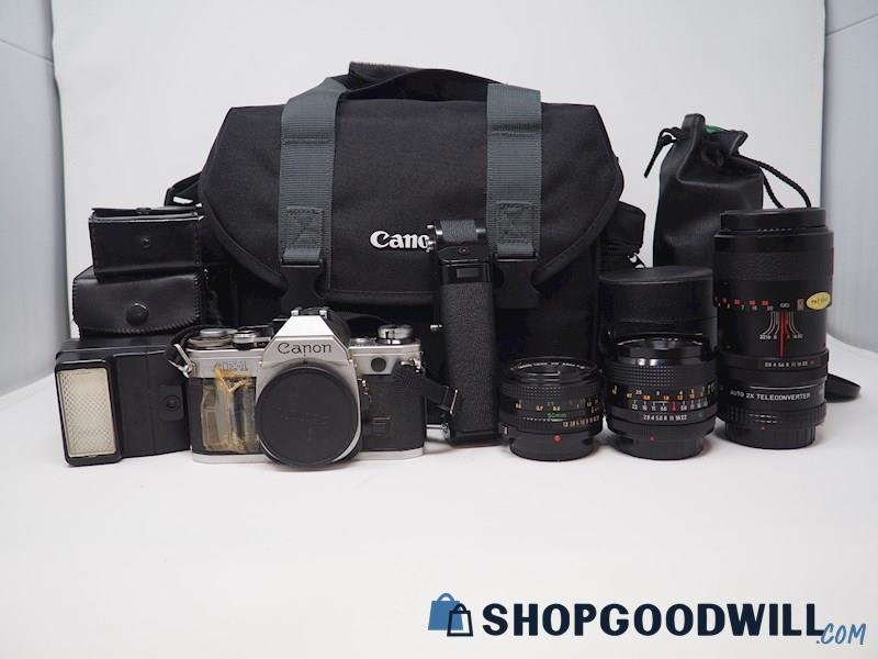 Canon AE-1 SLR Film Camera w/FD 50mm Lens Power Winder & More