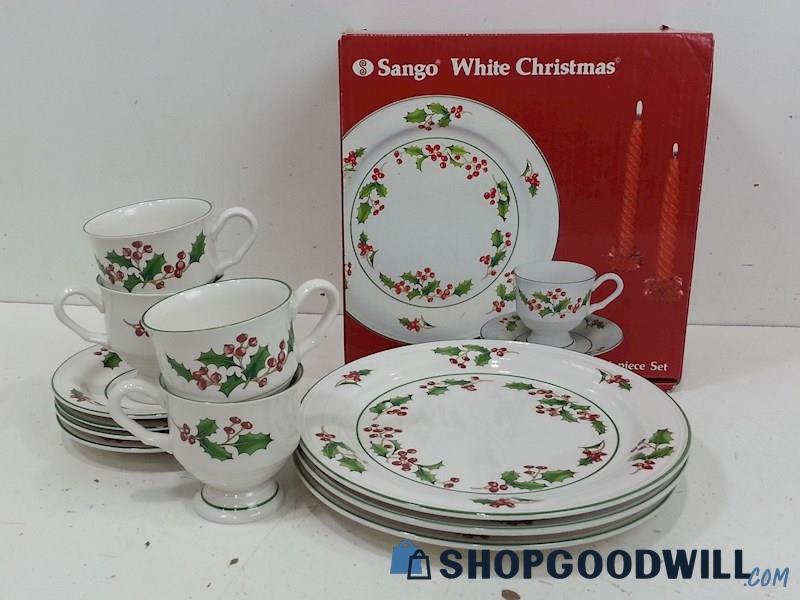 11PC Dinnerware Sango White Christmas 4EA Cups/Saucers & 3 Dinner Plates IOB