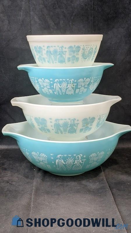4pcs PYREX Turquoise Butterprint Cinderella Bowls 442-444 & Mixing Bowl 402