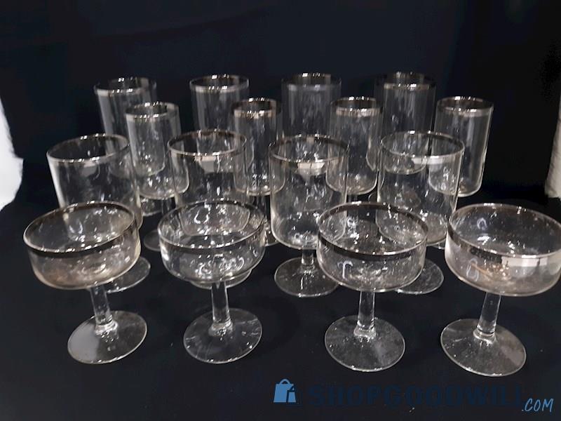 Appears Dorthy Thorpe Lot of Silver Rimmed Wine Glasses / Champagne / Punch Cups